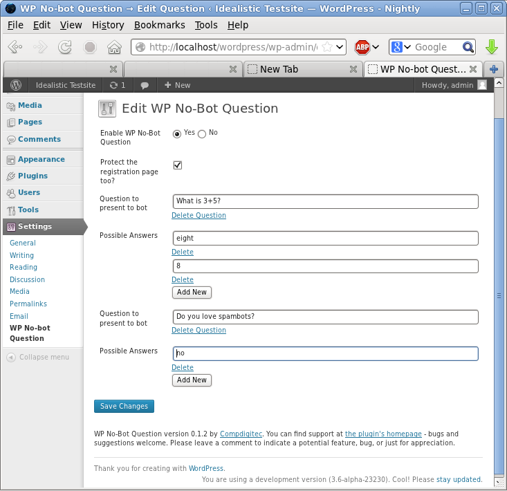 WP No-Bot Question admin interface