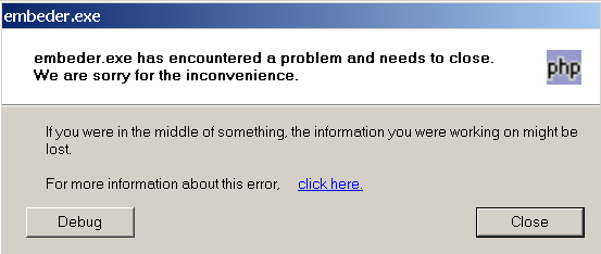 Embeder Crashing on Windows XP with PHP 5.2.6