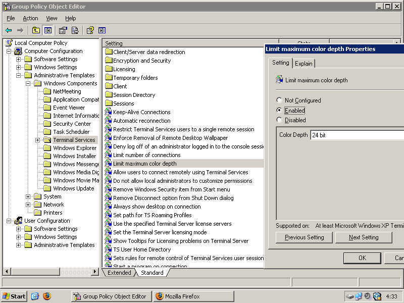 Windows 2003 RDP on 24-bit colour