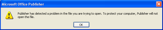 Publisher error while opening damaged file